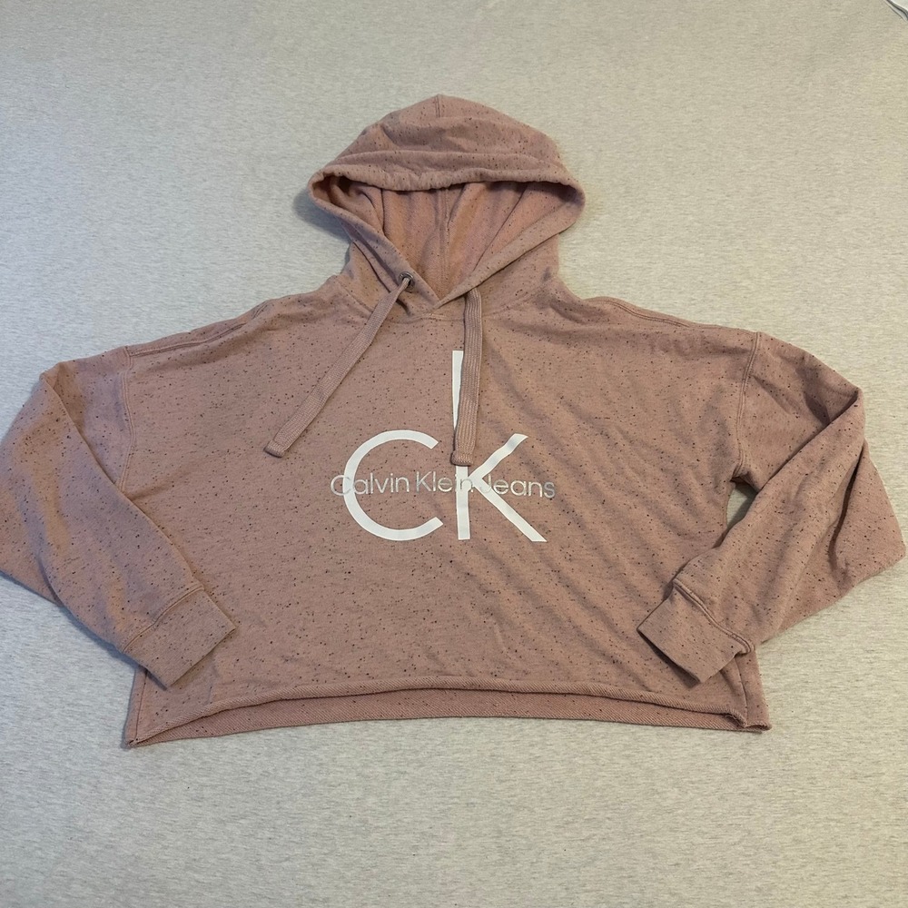 Calvin Klein Jeans Womens Pink Speckled‎ Cropped Hoodie CK Logo Small RN54163